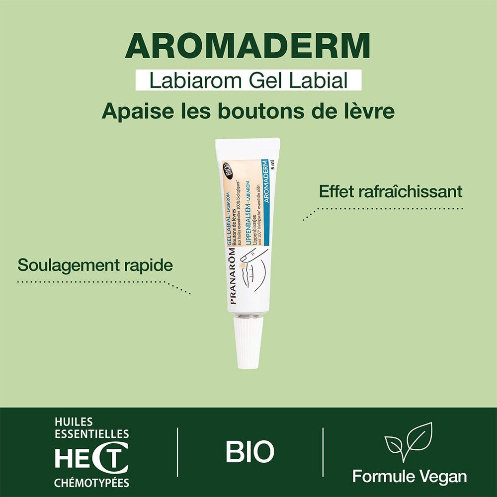Tube PRANAROM Gel Labial. Aufschrift: Aromaderm, BIO. Text: Soulagement rapide, Effet rafraîchissant.