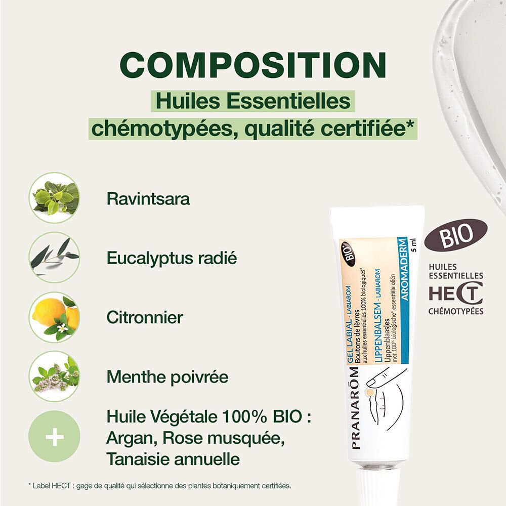 Zutatenliste und Tube PRANAROM Gel Labial. Aufschrift: BIO, HECT. Enthält ätherische Öle.