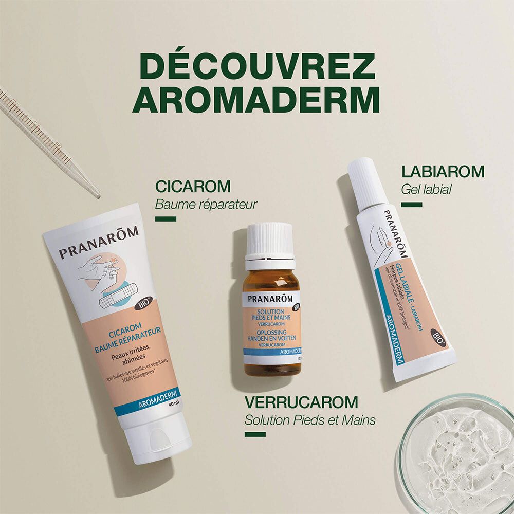 Drei Produkte: Cicarom, Verrucarom und Labiarom Gel. Alle mit PRANAROM und Aromaderm.