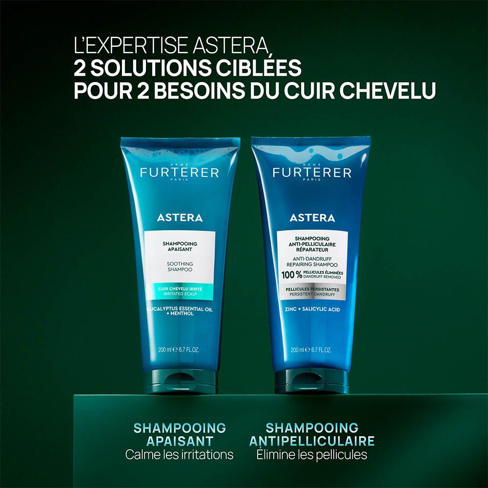 Arrière d'un tube turquoise du shampooing Astera de René Furterer.