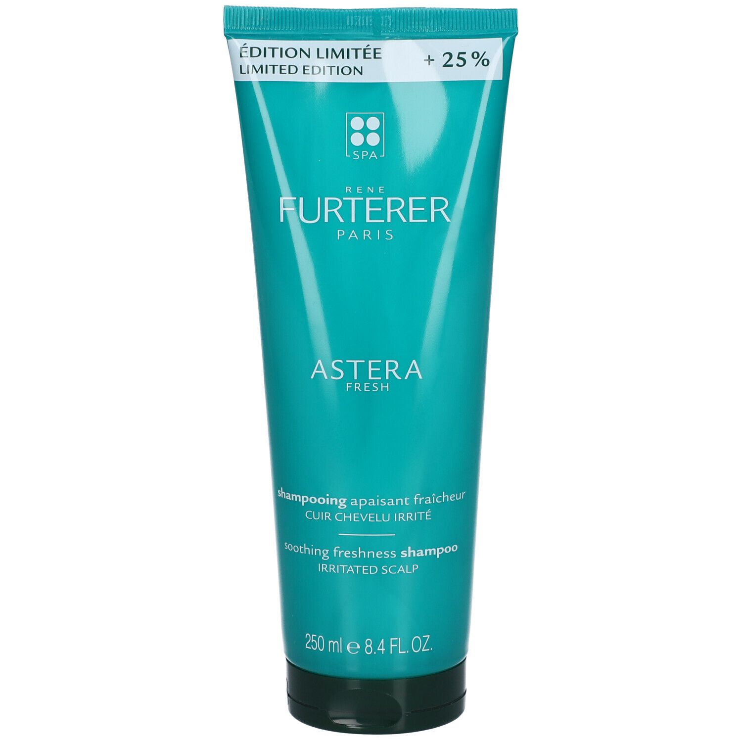 Türkisfarbene Tube mit weißer Schrift. "Édition Limitée" und "+25 %" sind sichtbar. "Astera Fresh" steht darunter.