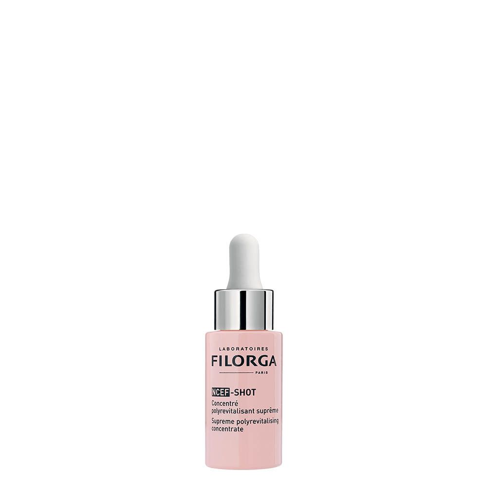 Flacon rose avec pipette. Inscription: FILORGA, NCEF-SHOT, concentré. Produit pour la peau.