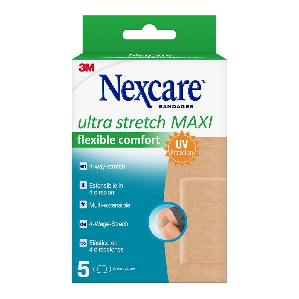 Nexcare Ultra Stretch MAXI Pflasterbox. 5 Pflaster, 50x101mm. 4-Wege-Stretch. Beige Box mit Produktabbildung.