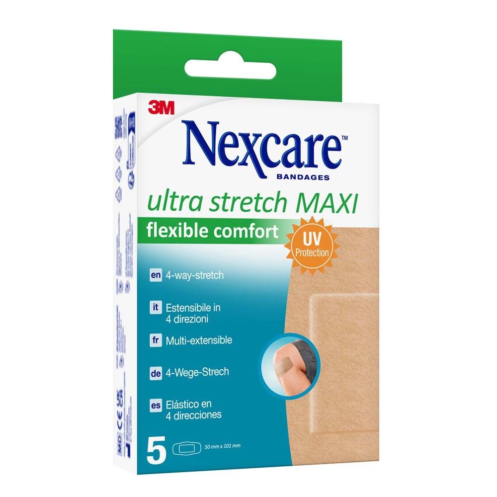 Nexcare Ultra Stretch MAXI Pflasterbox. 5 Pflaster, 50x101mm. 4-Wege-Stretch. Beige Box mit Produktabbildung.