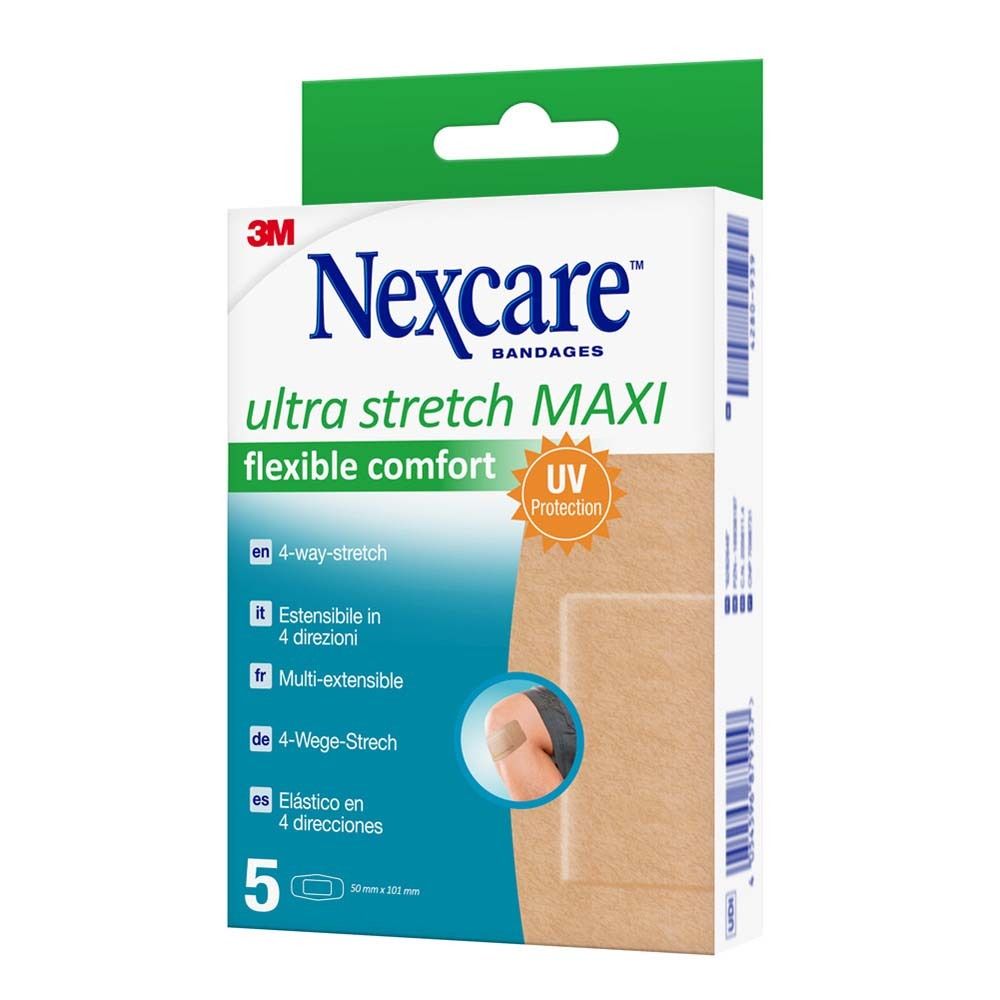 Nexcare Ultra Stretch MAXI Pflasterbox. 5 Pflaster, 50x101mm. 4-Wege-Stretch. Beige Box mit UV-Schutz.