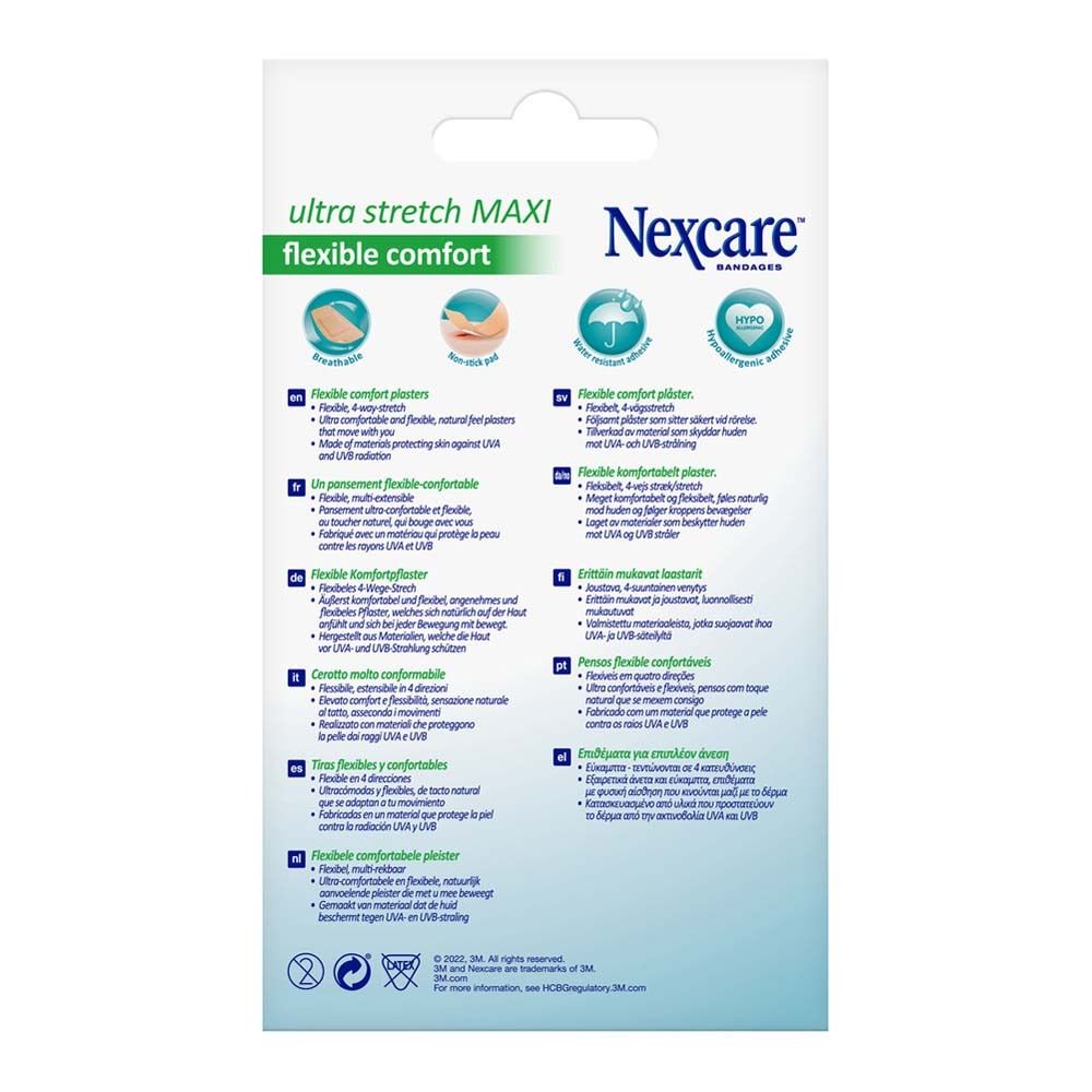 Nexcare Ultra Stretch MAXI Pflasterbox. 5 Pflaster, 50x101mm. 4-Wege-Stretch. Beige Box mit UV-Schutz.