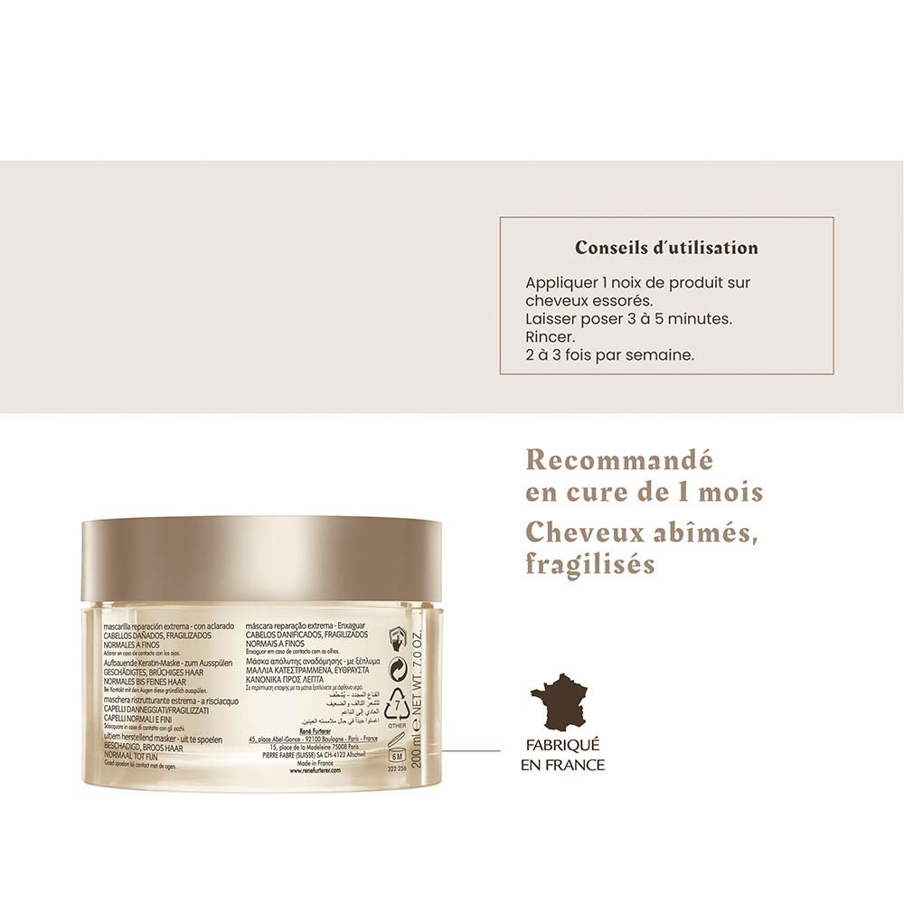 Rückseite einer René Furterer Maske mit Anwendungshinweisen und Produktinformationen.
