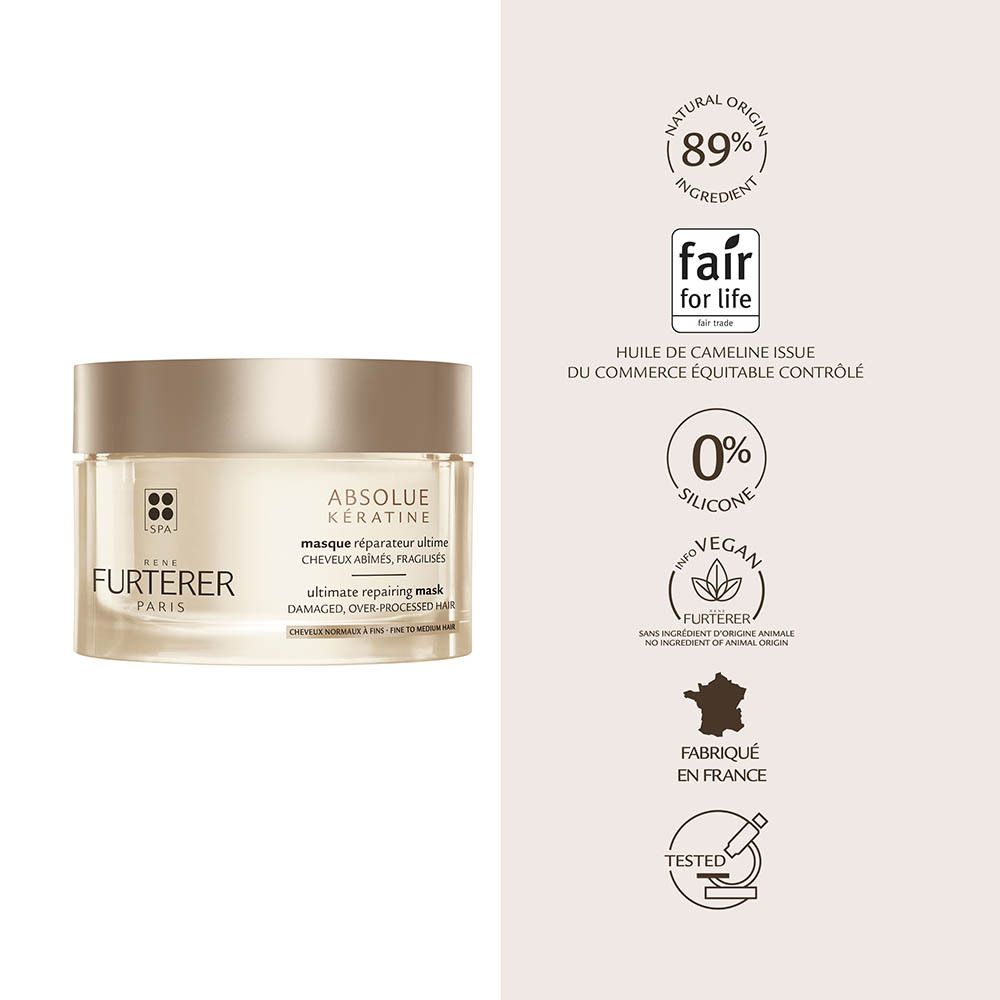 René Furterer Absolue Kératine Haarmaske mit Siegeln für natürlichen Ursprung, Fair for Life, vegan und ohne Silikone.