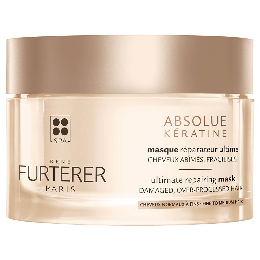 Rene Furterer Absolue Kératine Maske in einem runden Glasbehälter mit goldenem Deckel.