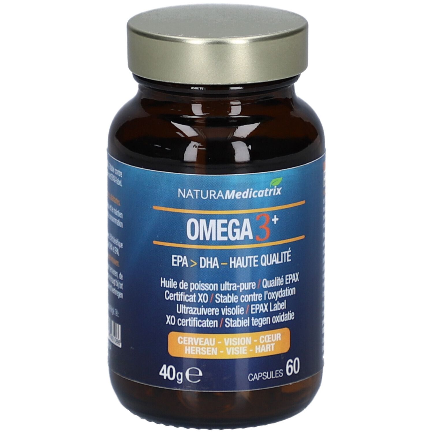 Braune Glasflasche mit Kapseln. Etikett mit Omega 3+ und EPA/DHA. 60 Kapseln, 40g. Naturamedicatrix.