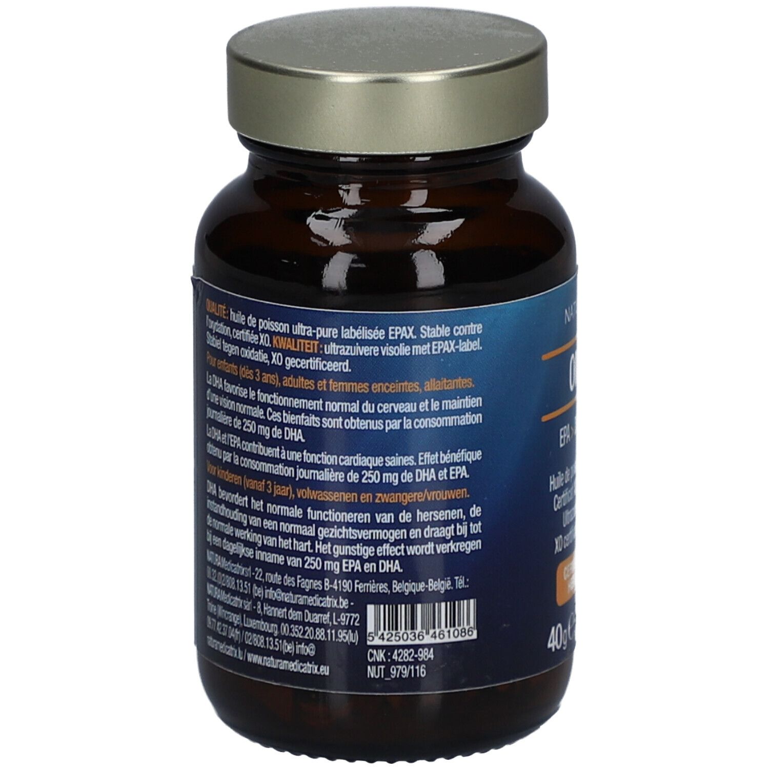 Rückseite der Flasche mit Kapseln. Textinformationen, Inhaltsstoffe, Herstelleradresse. 40g, 60 Kapseln.