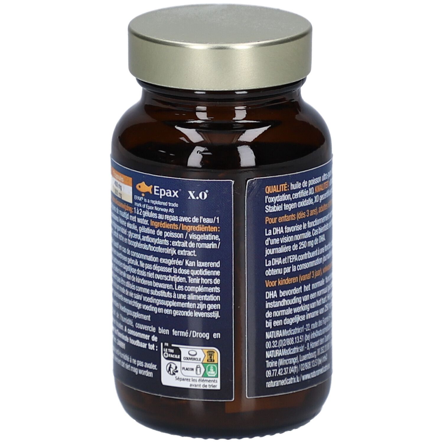 Rückseite der Flasche mit Kapseln. Textinformationen, Inhaltsstoffe, EPAX x.o. Zertifizierung.