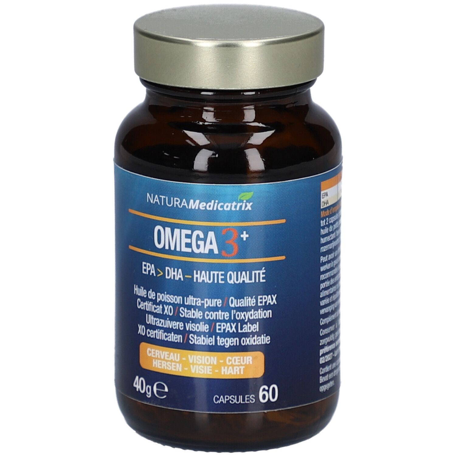 Braune Glasflasche mit Kapseln. Etikett mit Omega 3+ und EPA/DHA. 60 Kapseln, 40g. Naturamedicatrix.