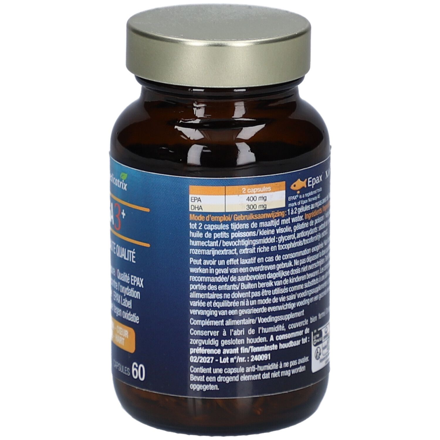 Rückseite der Flasche mit Kapseln. Textinformationen, Inhaltsstoffe, EPA/DHA-Dosierung. 60 Kapseln.