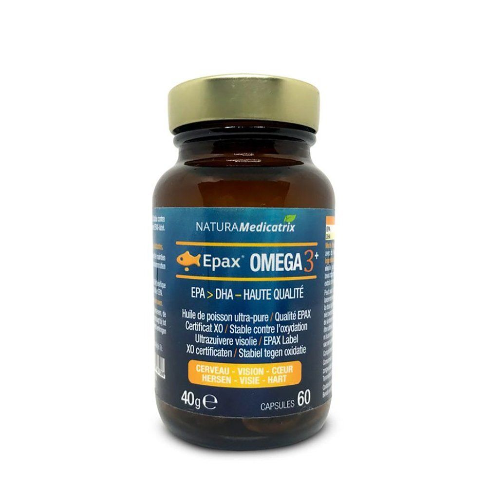 Flacon brun de gélules. Étiquette Epax Omega 3+. 60 gélules, 40g. Naturamedicatrix.
