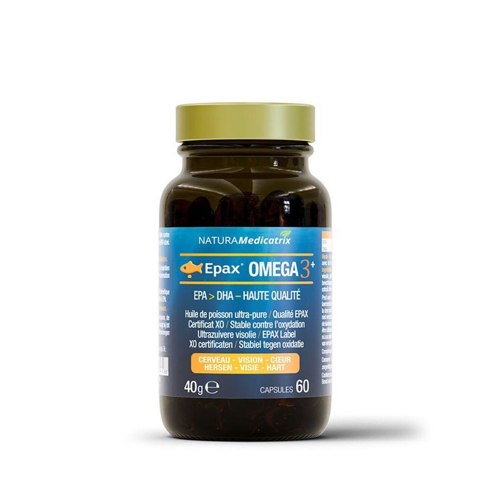 Flacon brun de gélules. Étiquette Epax Omega 3+. 60 gélules, 40g. Naturamedicatrix.