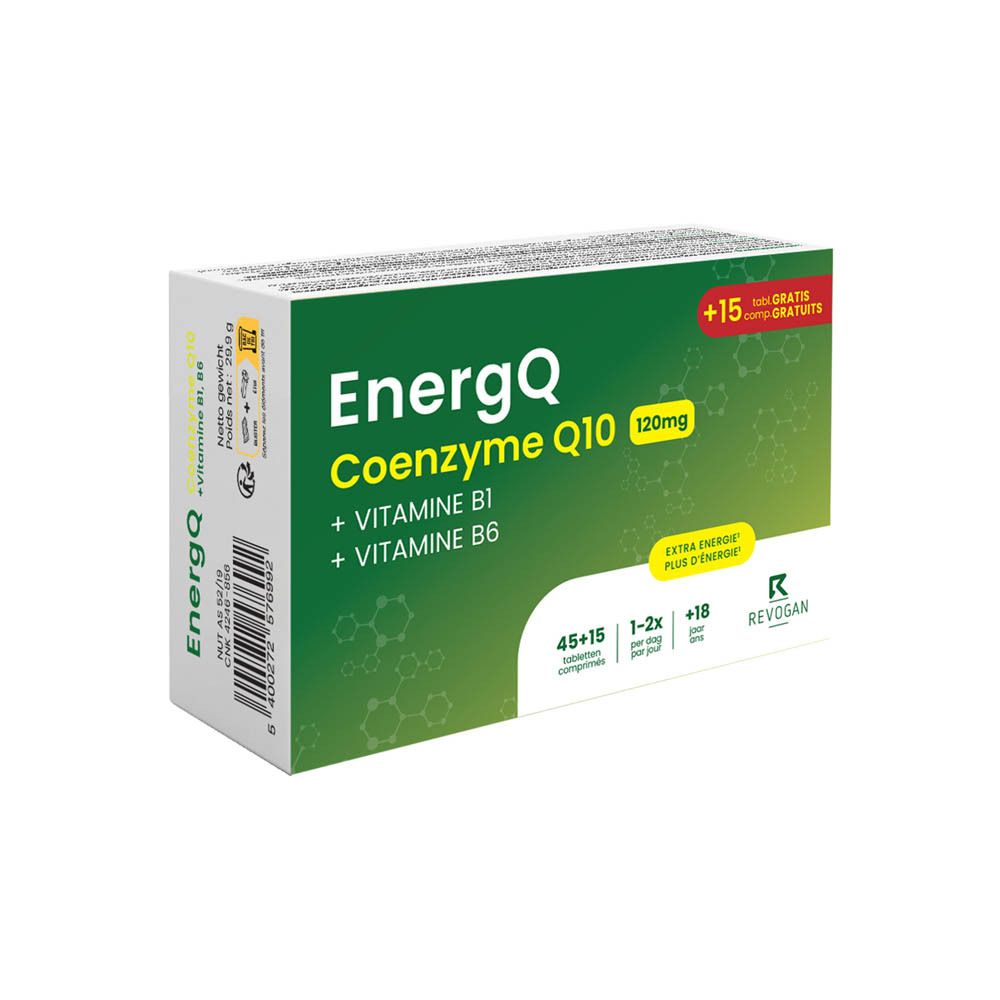 Schachtel EnergQ Coenzym Q10, Vitamin B1 und B6. Grün-weißes Design. 45+15 Tabletten.
