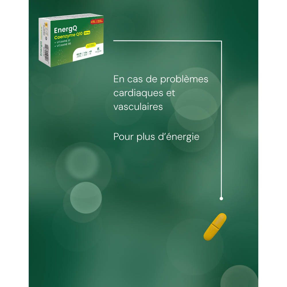 Graphique avec comprimé jaune. Texte: En cas de problèmes cardiaques et vasculaires. Pour plus d'énergie.