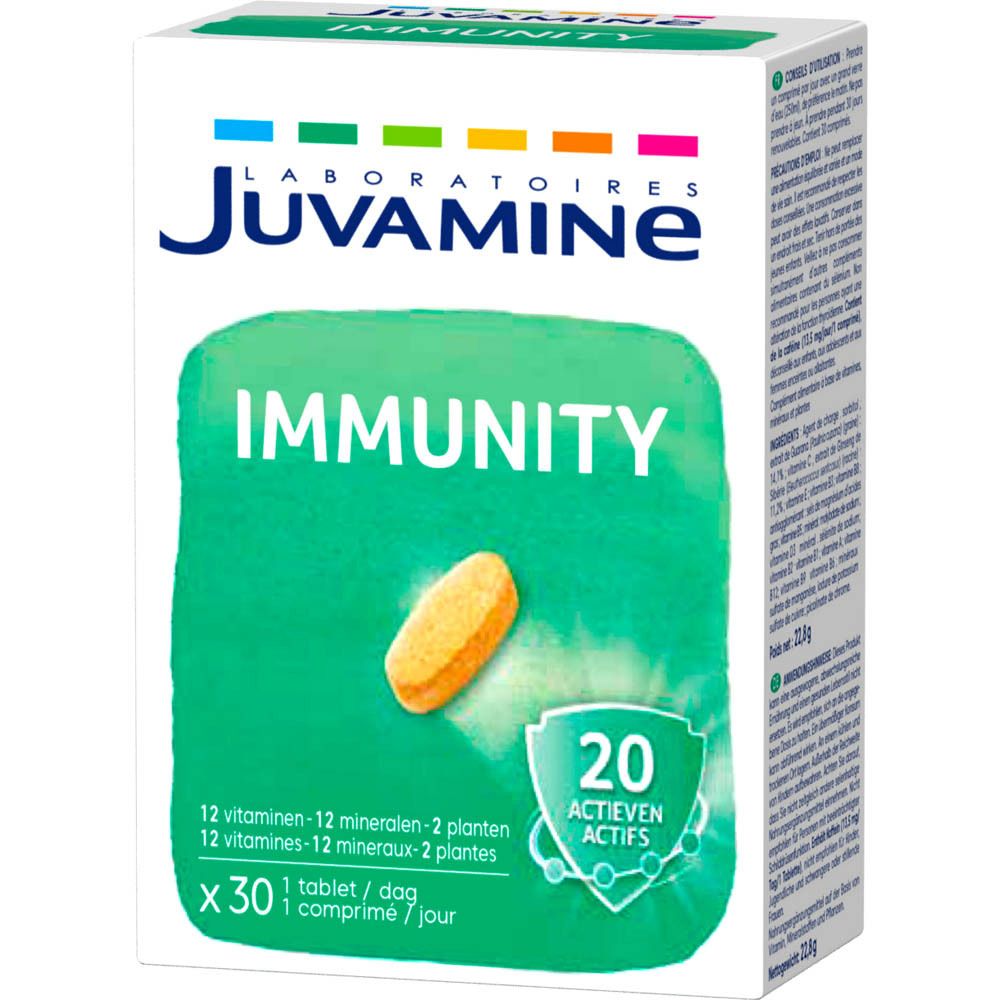 Juvamine Immunity Schachtel. Enthält 30 Tabletten. Aufschrift: 12 Vitamine, 12 Mineralien, 2 Pflanzen. 20 Actifs.