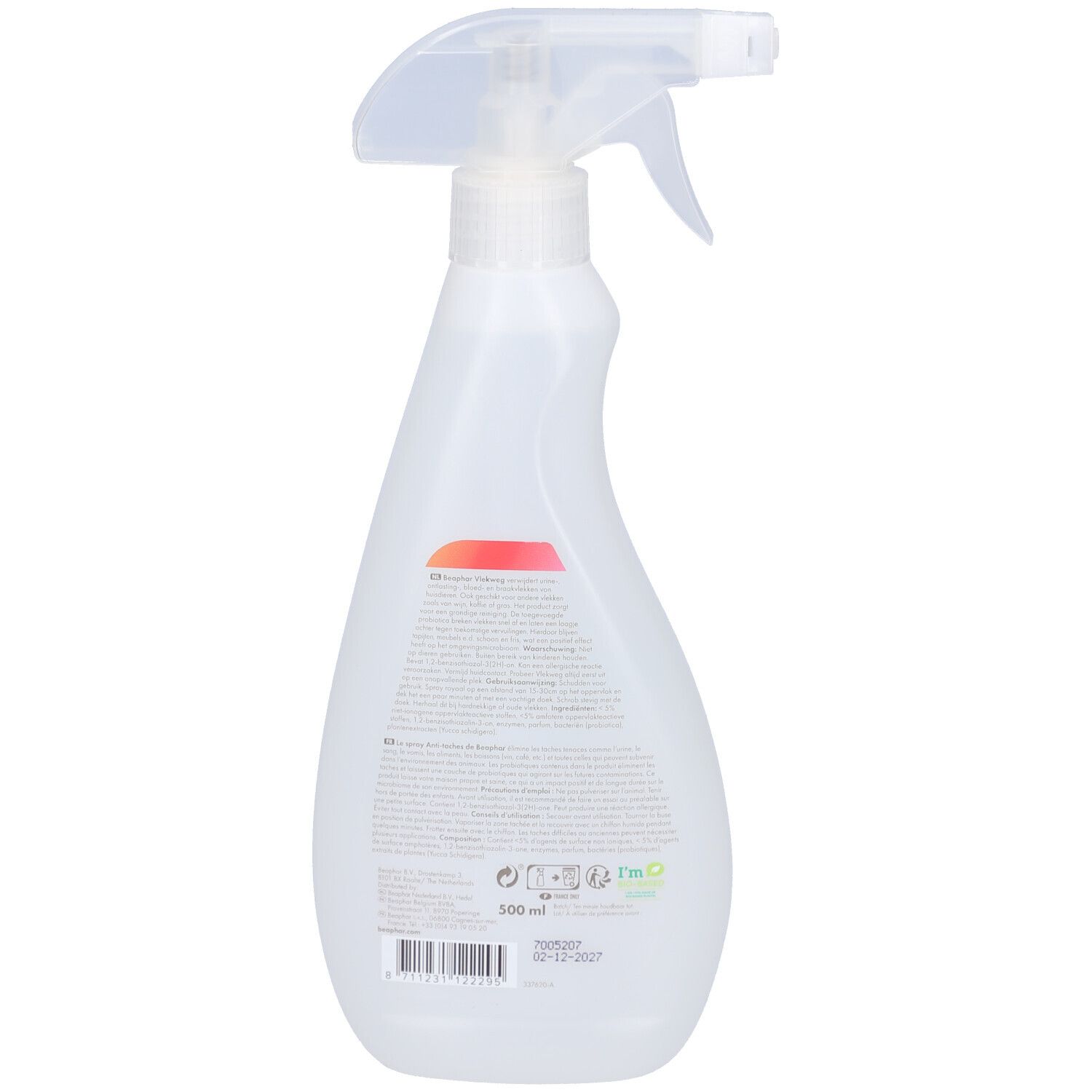 Rückseite der Sprühflasche. Text in mehreren Sprachen. Aufschrift '500 ml'. Recycling-Symbol.