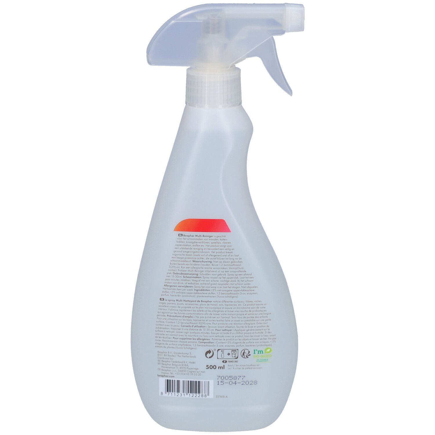 Rückseite einer Sprühflasche. Textinformationen und Barcode. Aufschrift: 500 ml.