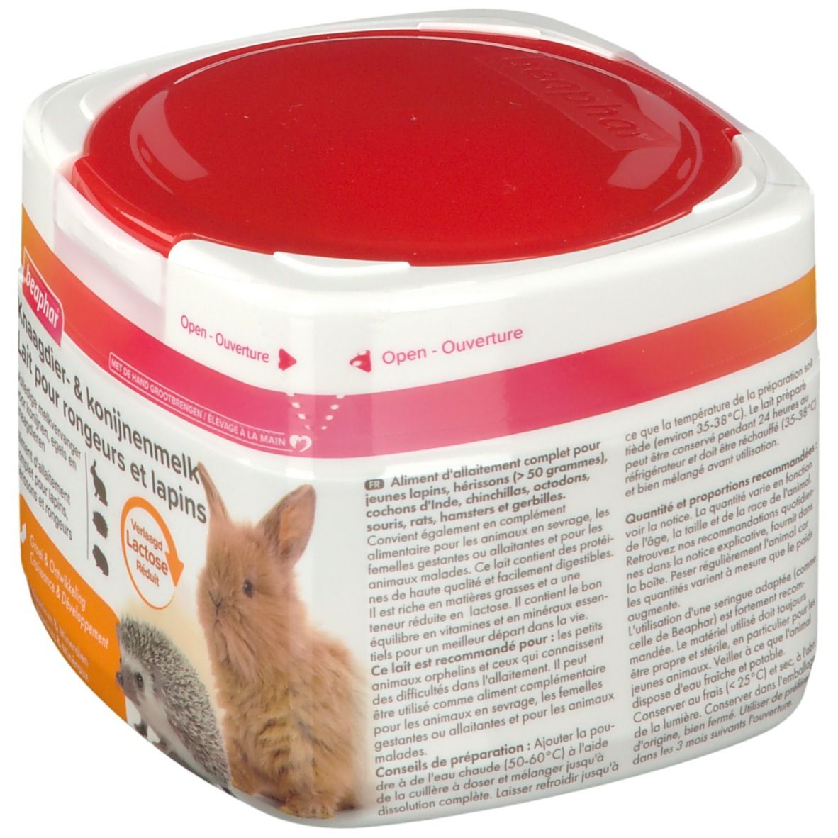 Beaphar Knaagdier- & konijnenmelk. Weiße Dose mit rotem Deckel. Produktabbildung mit Kaninchen und Igel. Text.