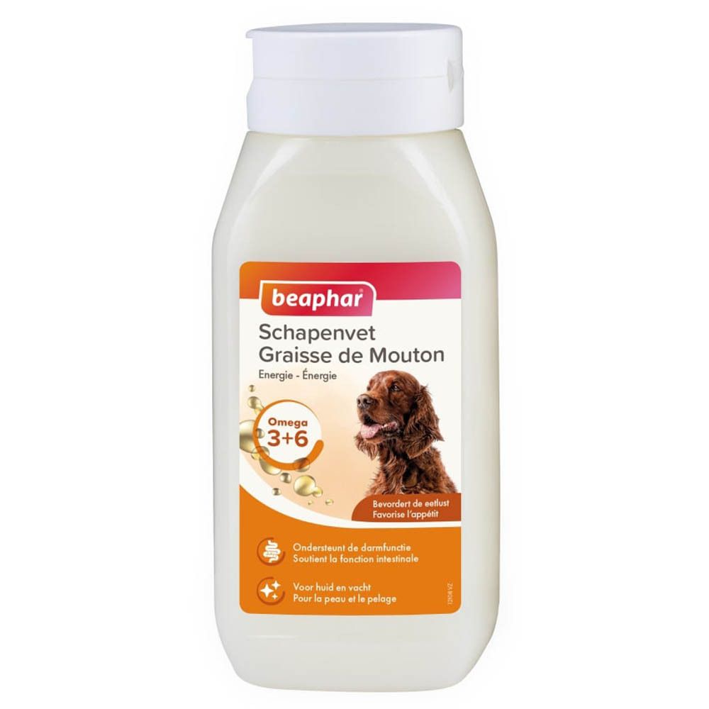 Beaphar Graisse de Mouton. Bouteille avec bouchon blanc. Étiquette avec informations produit, chien et Omega 3+6.