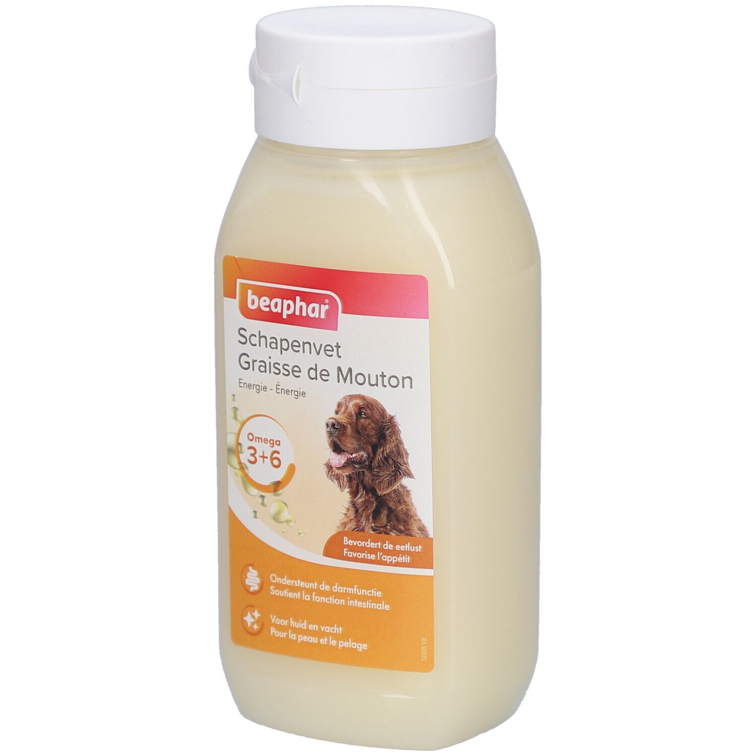 Beaphar Schapenvet Graisse de Mouton. Flasche mit weißem Deckel. Etikett mit Produktinformationen, Hund und Omega 3+6.