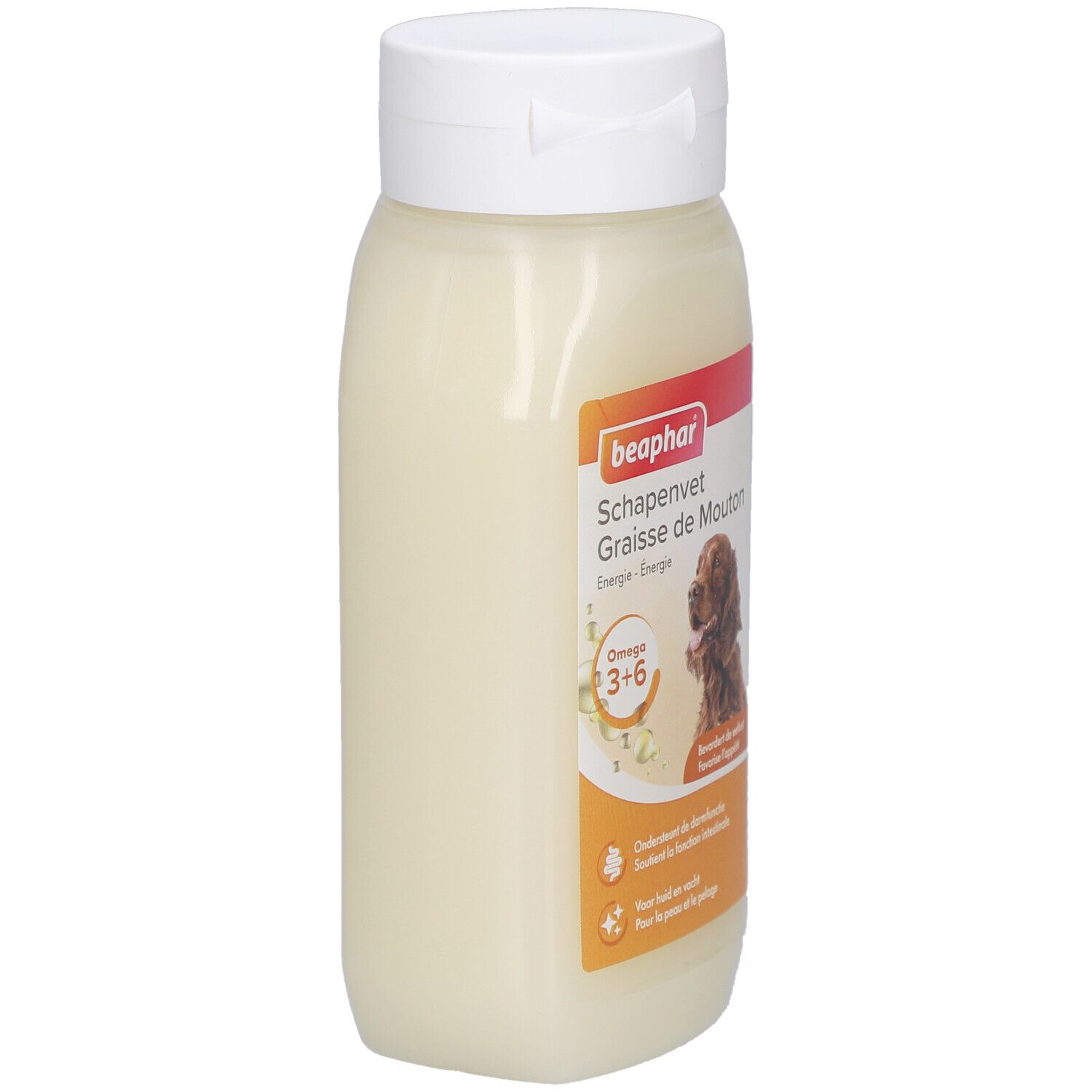 Beaphar Schapenvet Graisse de Mouton. Flasche mit weißem Deckel. Etikett mit Produktinformationen.