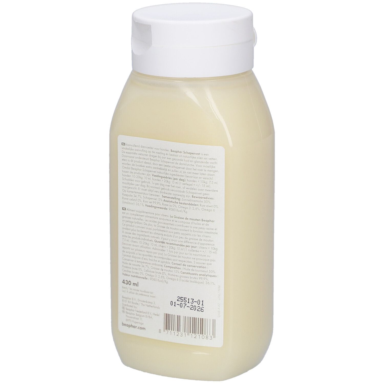 Beaphar Schapenvet Graisse de Mouton. Rückseite der Flasche mit Text. Weißer Deckel. 430 ml.