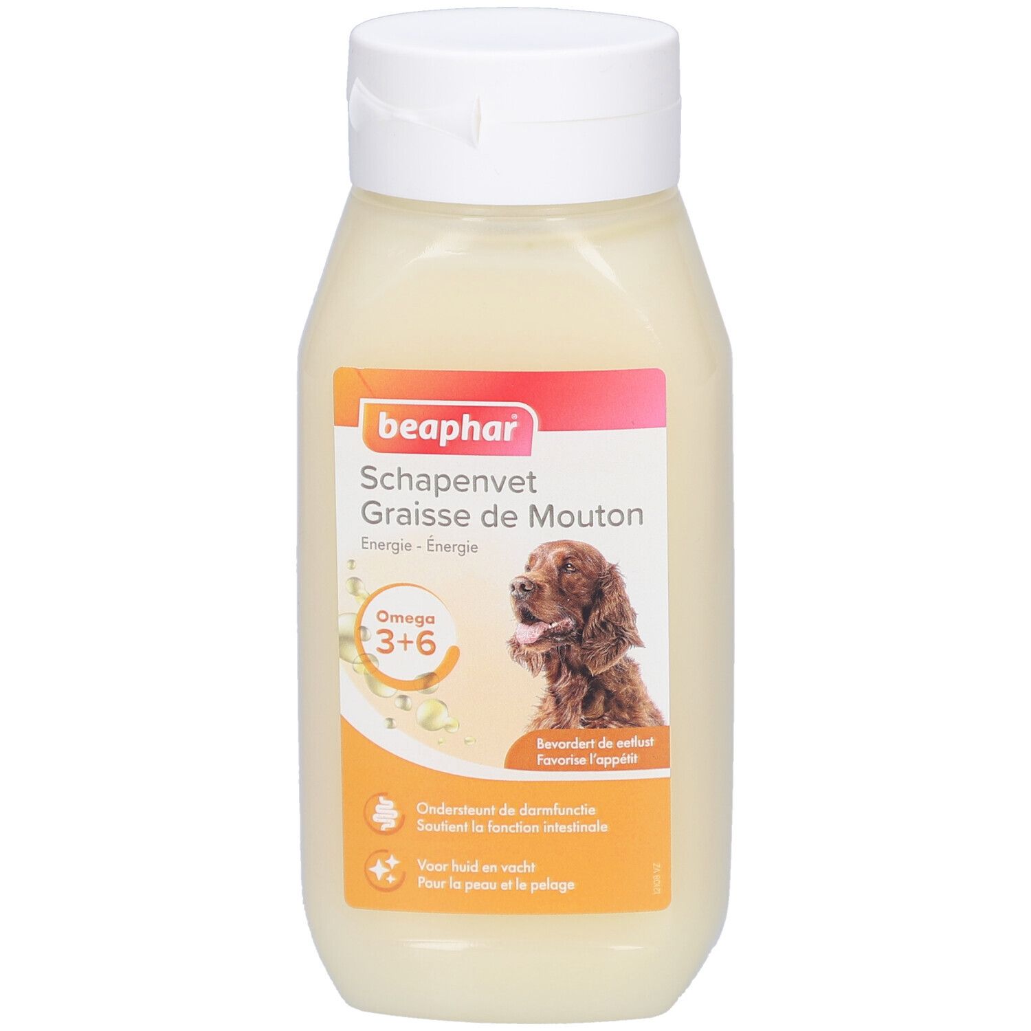 Beaphar Schapenvet Graisse de Mouton. Flasche mit weißem Deckel. Etikett mit Produktinformationen, Hund und Omega 3+6.