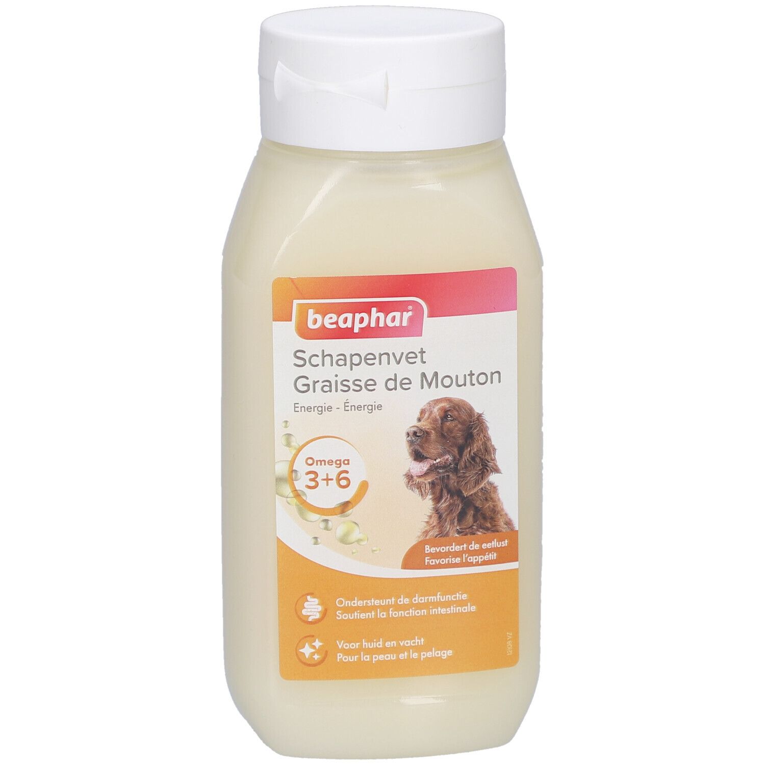 Beaphar Schapenvet Graisse de Mouton. Flasche mit weißem Deckel. Etikett mit Produktinformationen, Hund und Omega 3+6.