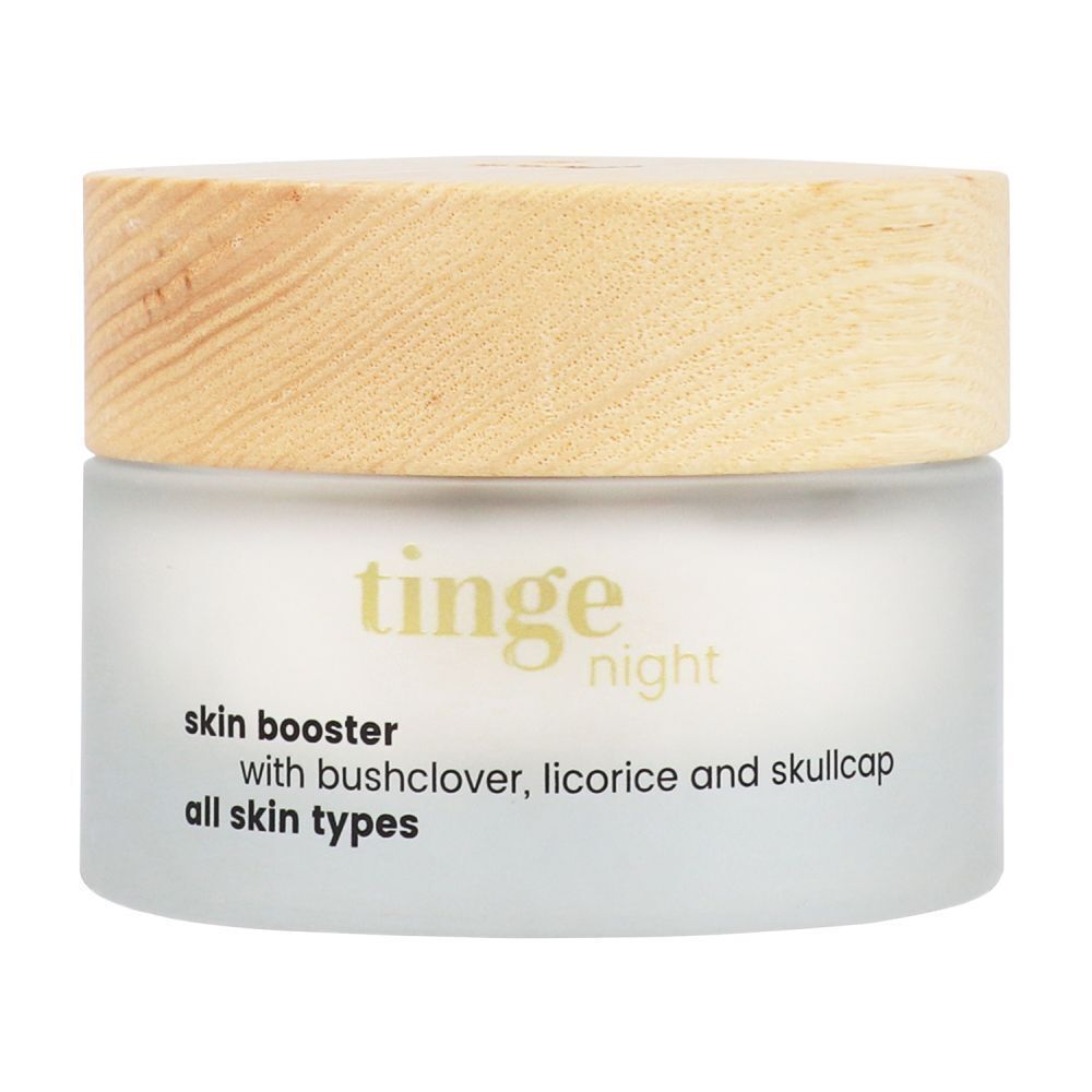 Pot de crème avec couvercle en bois. Inscription : skin booster, avec trèfle des buissons, réglisse et scutellaire, tous types de peau.