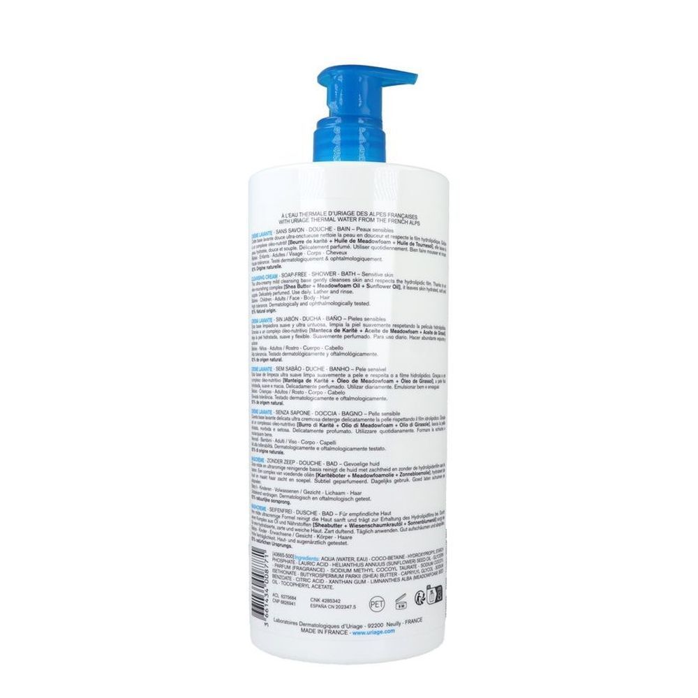 Dos du flacon de crème lavante Uriage. Texte multilingue. Code-barres et informations fabricant.