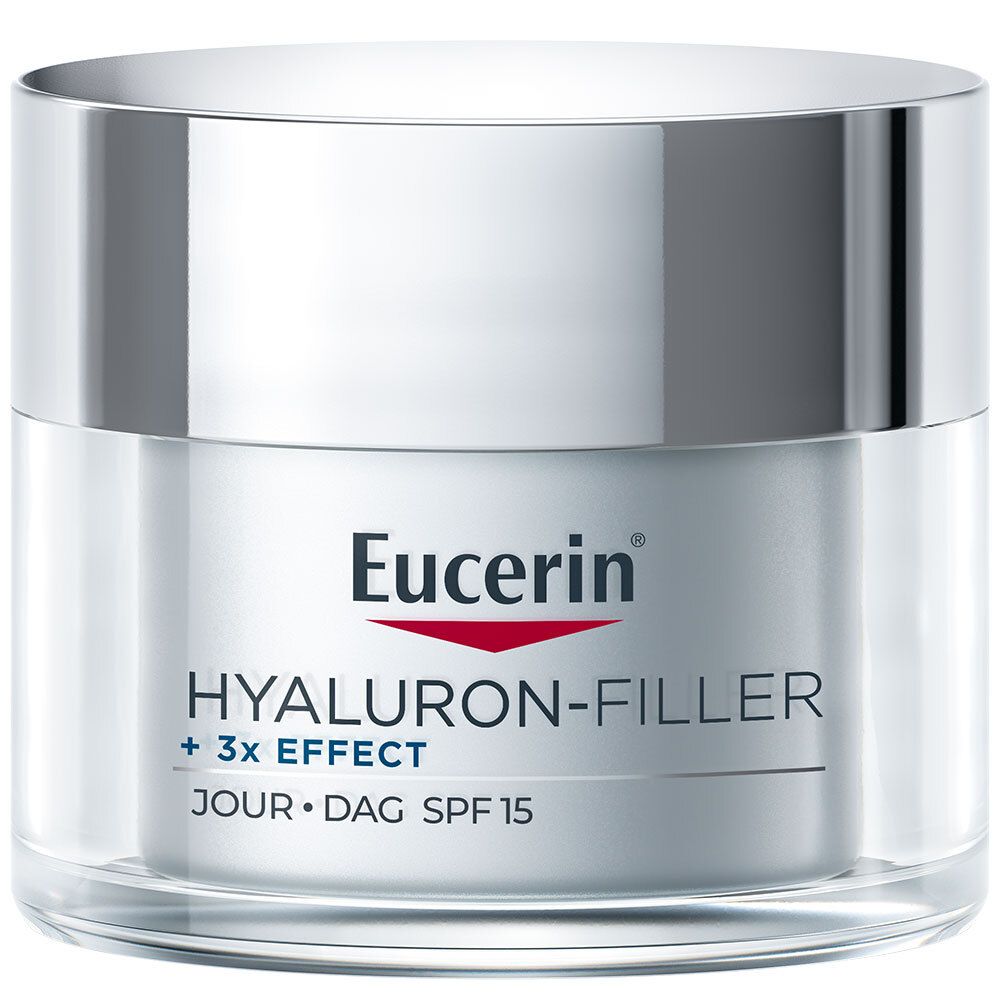 Creme-Tiegel mit silbernem Deckel. Aufschrift: Eucerin HYALURON-FILLER + 3x EFFECT. Jour/Dag SPF 15.