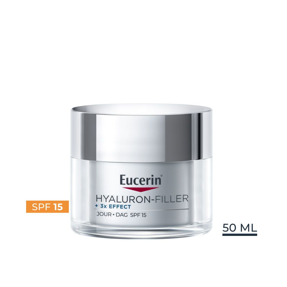 Creme-Tiegel mit silbernem Deckel. Aufschrift: Eucerin HYALURON-FILLER + 3x EFFECT. Jour/Dag SPF 15. 50 ML.