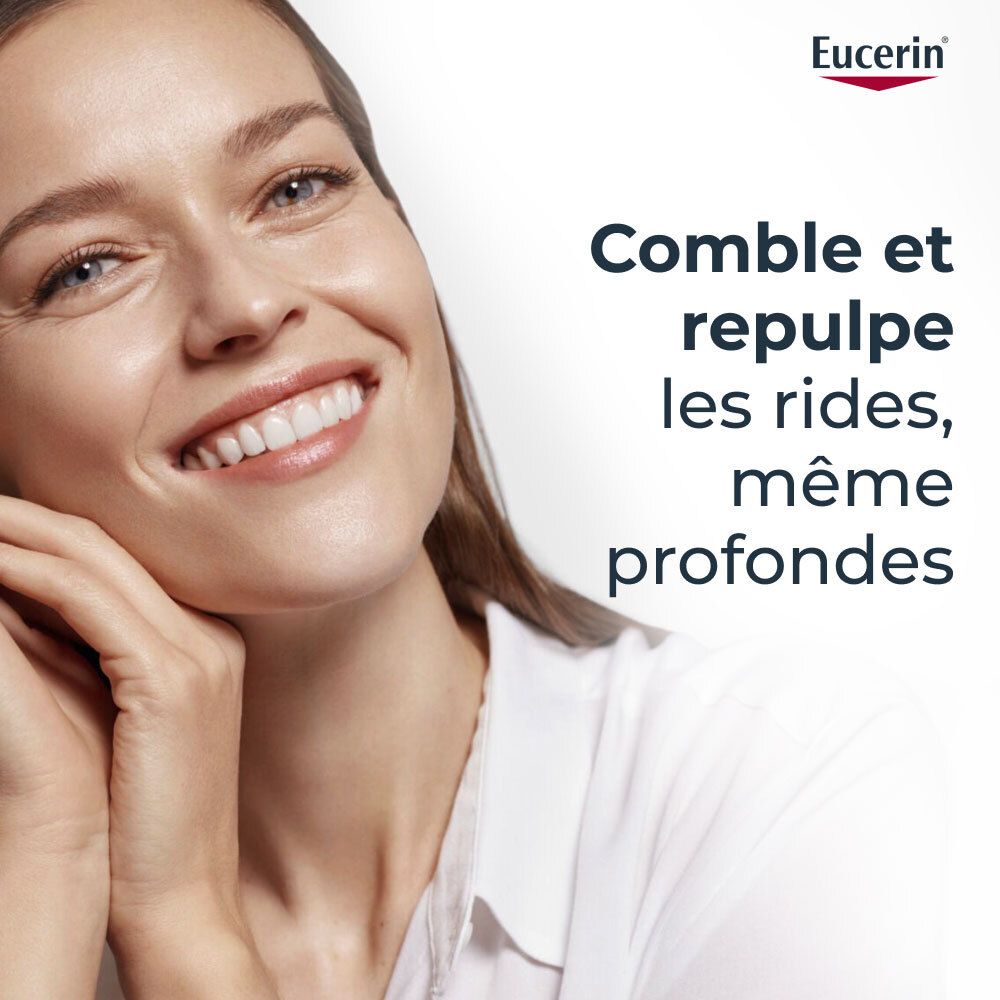 Frau berührt ihr Gesicht. Text: Comble et repulpe les rides, même profondes. Eucerin Logo.