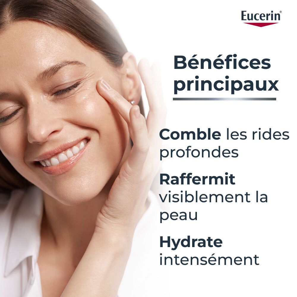 Frau berührt ihr Gesicht. Text: Bénéfices principaux. Comble les rides profondes. Raffermit visiblement la peau. Hydrate intensément.
