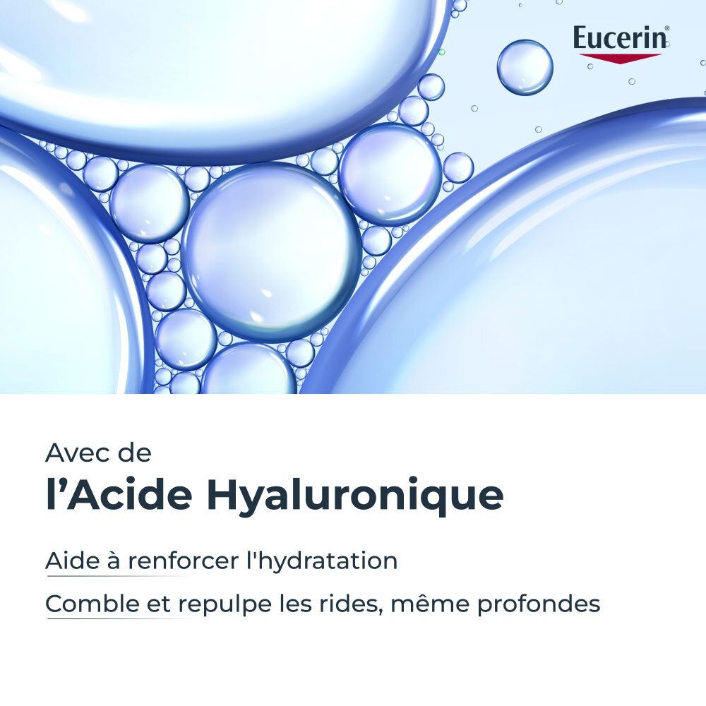 Abbildung von Wasserblasen. Text: Mit Hyaluronsäure. Hilft, die Feuchtigkeit zu stärken. Füllt Falten auf.