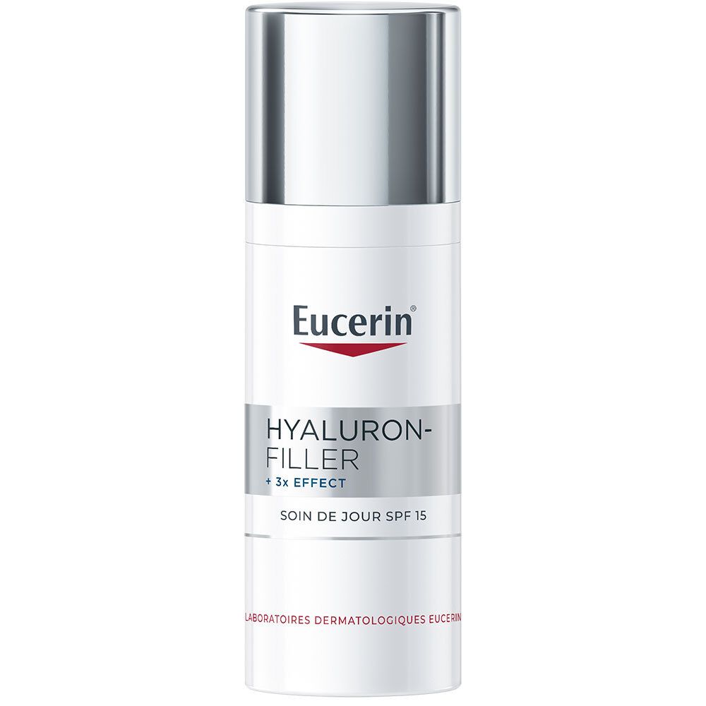 Eucerin HYALURON-FILLER + 3x EFFECT Tagespflege. Weiße Flasche mit silbernem Deckel. Text.