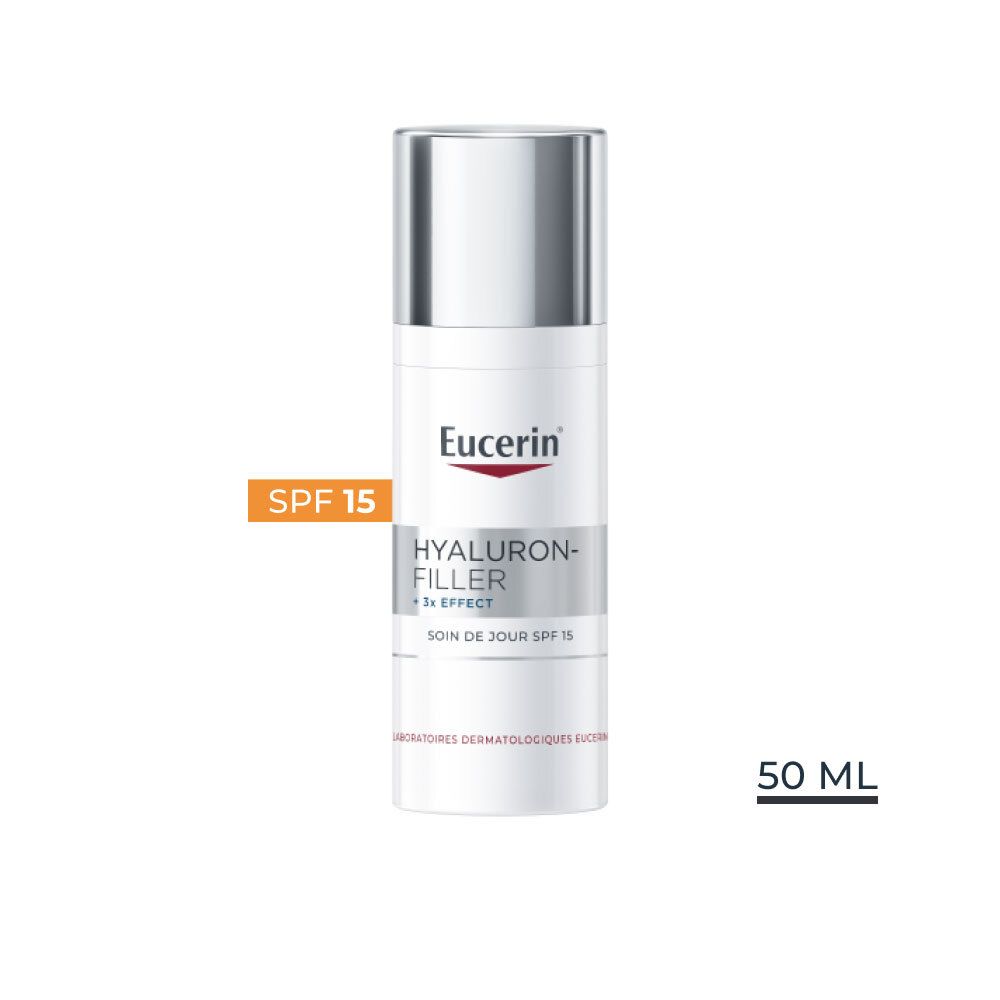 Flacon Eucerin HYALURON-FILLER + 3x EFFECT avec SPF 15. 50 ml. Marque et nom du produit.