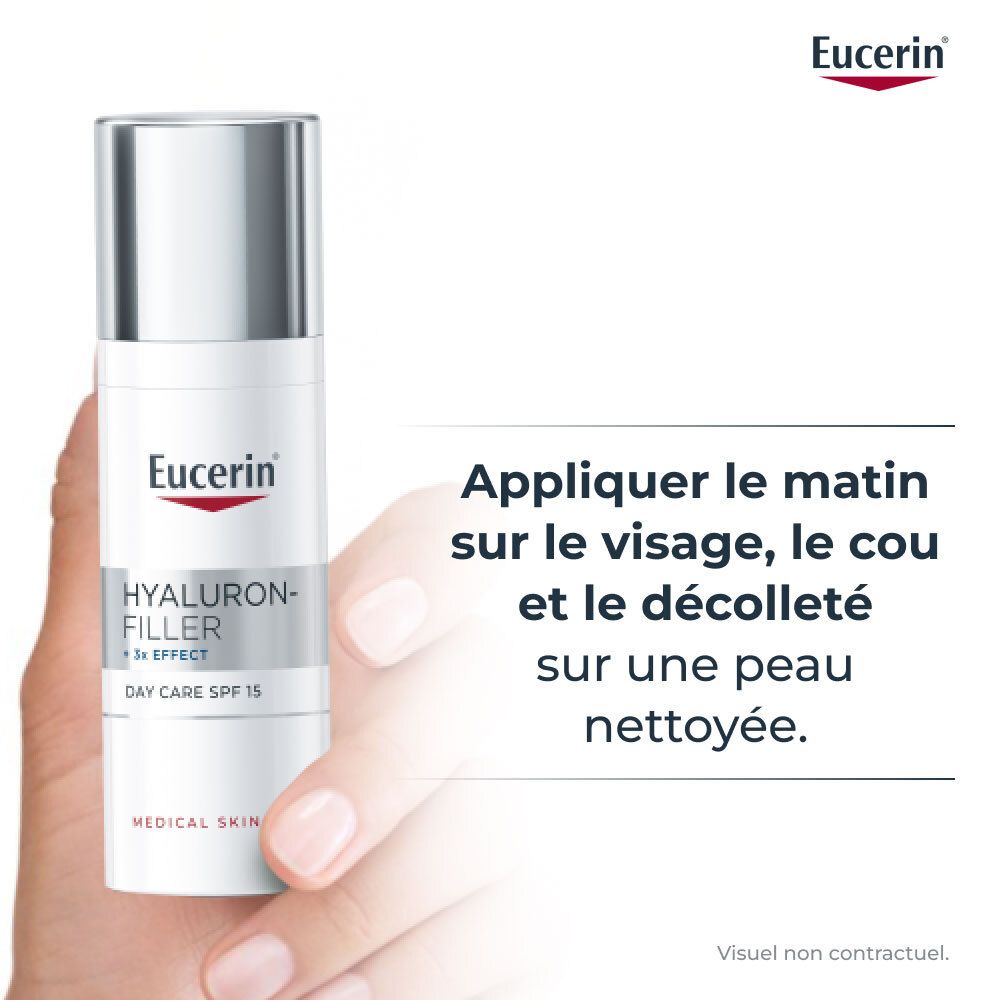 Hand hält Flasche Eucerin HYALURON-FILLER + 3x EFFECT. Text: Appliquer le matin sur le visage.