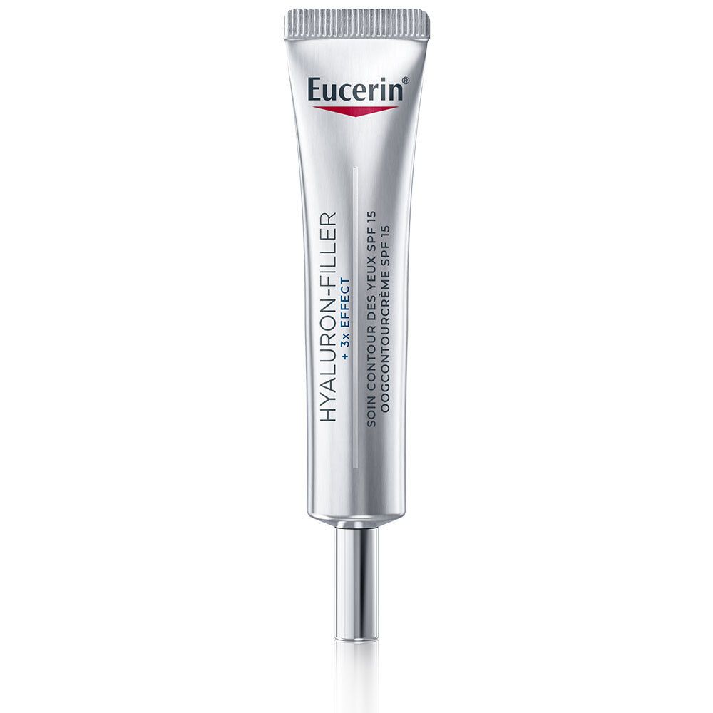Silberne Tube mit Eucerin-Logo und Aufschrift HYALURON-FILLER + 3x EFFECT. Augencreme.