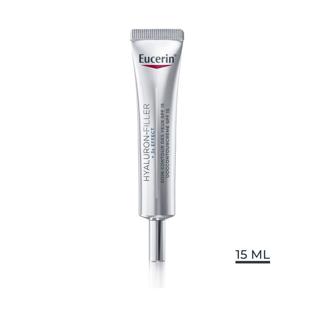 Silberne Tube mit Eucerin-Logo und Aufschrift HYALURON-FILLER + 3x EFFECT. Augencreme. 15 ml.