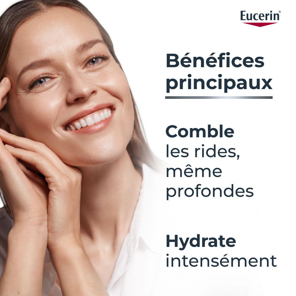 Frau lächelt. Text: Vorteile: Füllt Falten auf, spendet intensiv Feuchtigkeit.