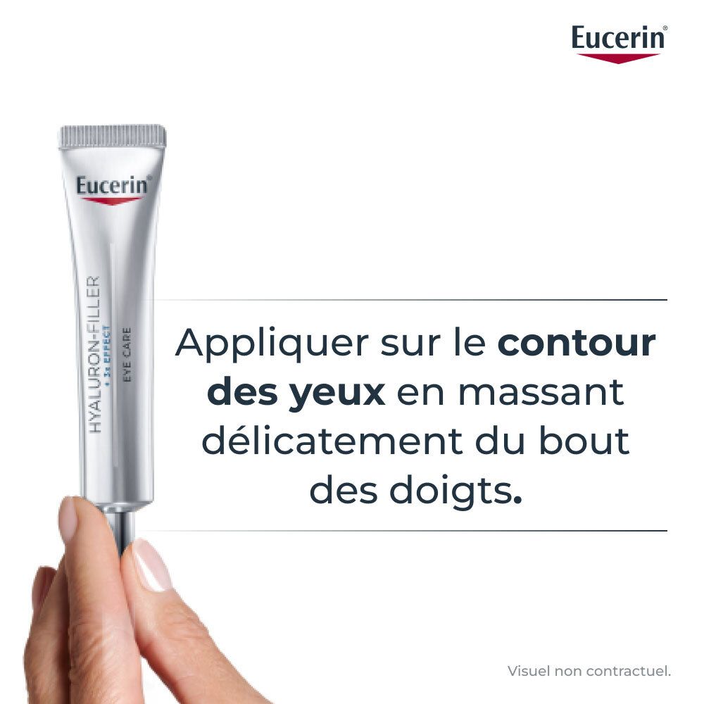 Hand hält Tube. Text: Auf die Augenkontur auftragen und sanft einmassieren.