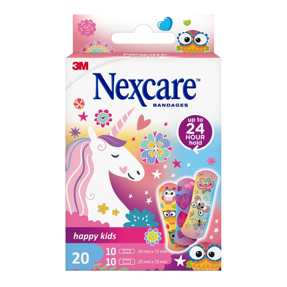 Verpackung mit 20 Pflastern. Nexcare happy kids, Einhorn-Design. 10 Pflaster 19x72mm, 10 Pflaster 25x72mm.