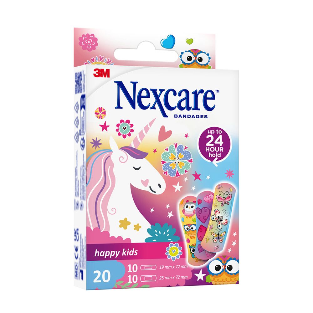 Verpackung mit 20 Pflastern. Nexcare happy kids, Einhorn-Design. 10 Pflaster 19x72mm, 10 Pflaster 25x72mm.