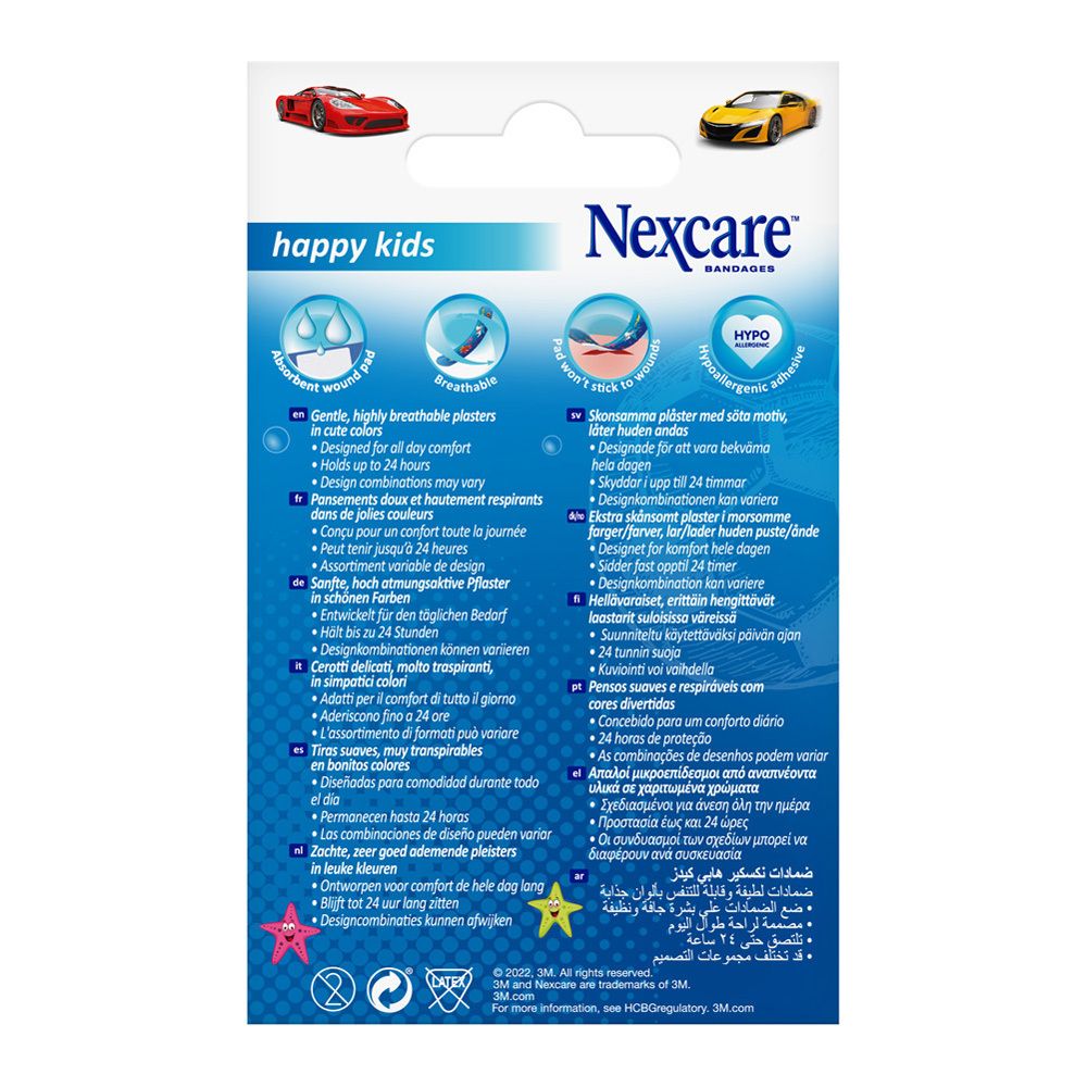 Rückseite der Nexcare-Pflasterverpackung. Informationen zu Eigenschaften und Inhaltsstoffen. Text in Deutsch, Englisch, Französisch, Italienisch, Niederländisch.