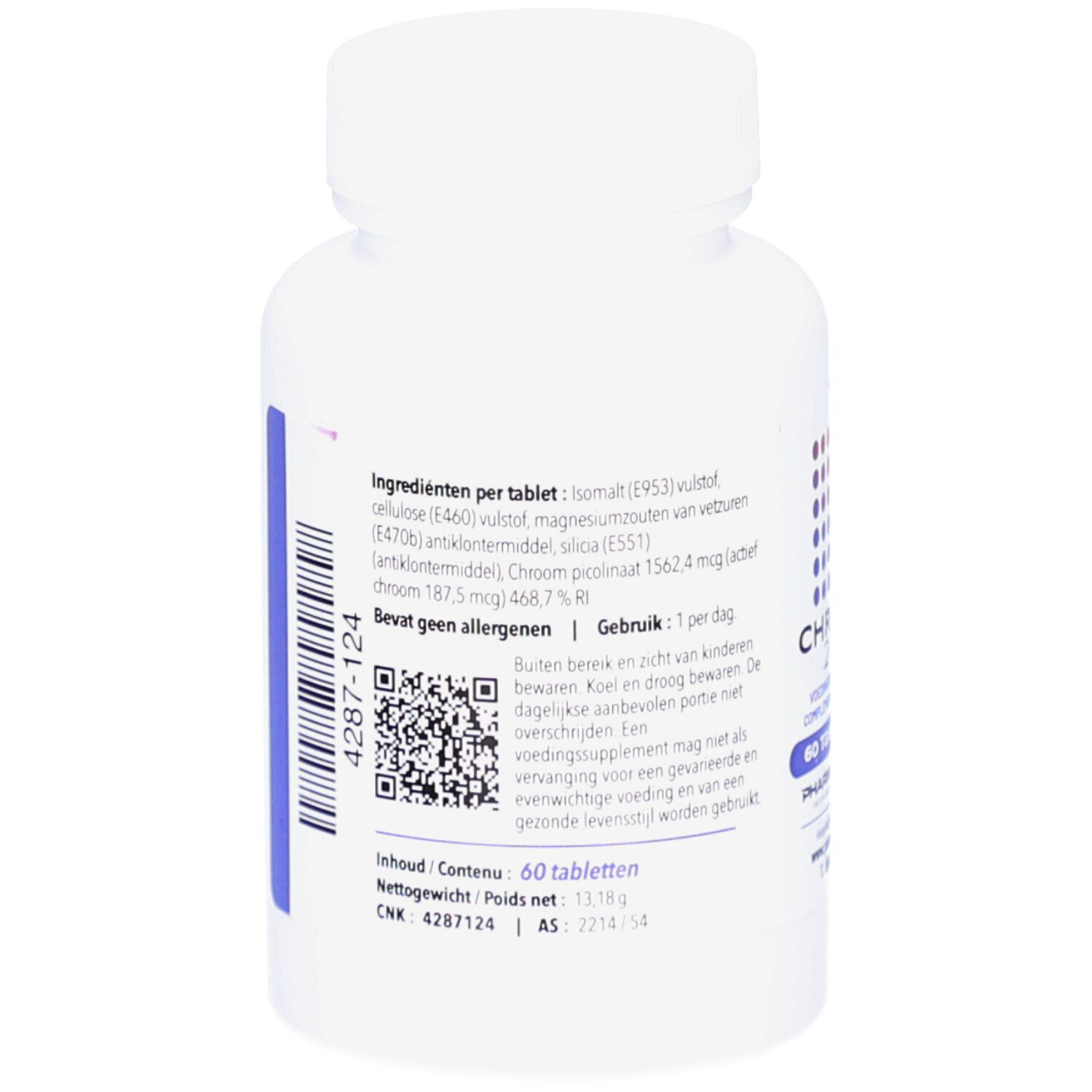 Rückseite der weißen Flasche. Enthält Informationen zu Inhaltsstoffen, Anwendung und Warnhinweisen. QR-Code und Barcode.